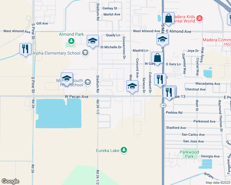 map of restaurants, bars, coffee shops, grocery stores, and more near in Madera