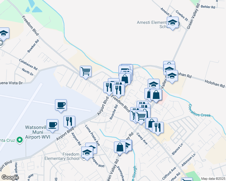 map of restaurants, bars, coffee shops, grocery stores, and more near 99 Airport Boulevard in Freedom