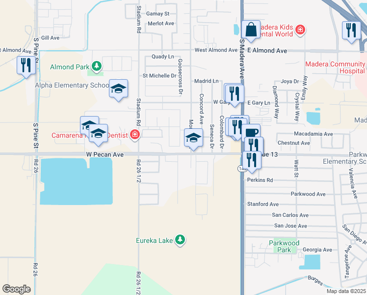 map of restaurants, bars, coffee shops, grocery stores, and more near 1383 Pompei Street in Madera