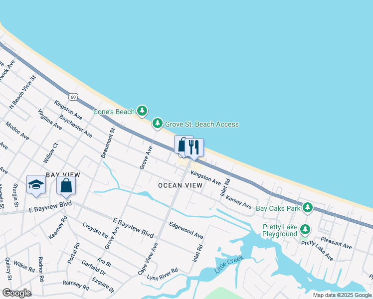 map of restaurants, bars, coffee shops, grocery stores, and more near 1870 East Ocean View Avenue in Norfolk