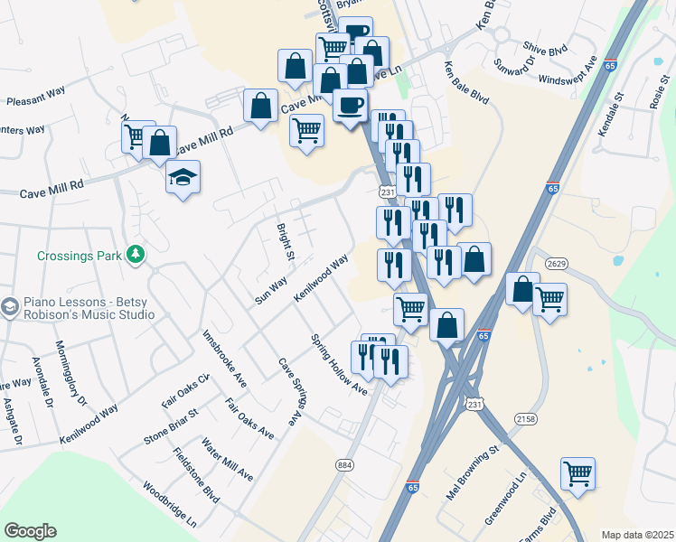 map of restaurants, bars, coffee shops, grocery stores, and more near 1281 Kenilwood Way in Bowling Green