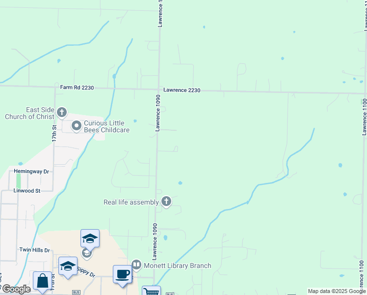 map of restaurants, bars, coffee shops, grocery stores, and more near 23288 Lawrence 1090 in Monett