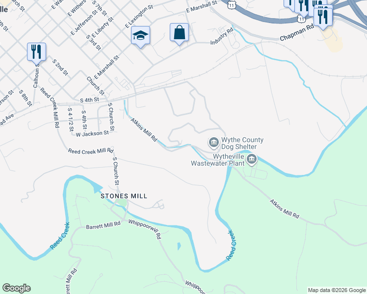 map of restaurants, bars, coffee shops, grocery stores, and more near Atkins Mill Rd in Wytheville