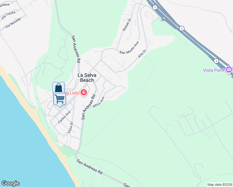 map of restaurants, bars, coffee shops, grocery stores, and more near Elena Drive in La Selva Beach