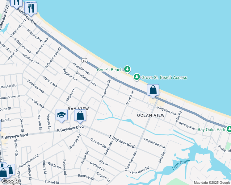 map of restaurants, bars, coffee shops, grocery stores, and more near 1627 Kingston Avenue in Norfolk