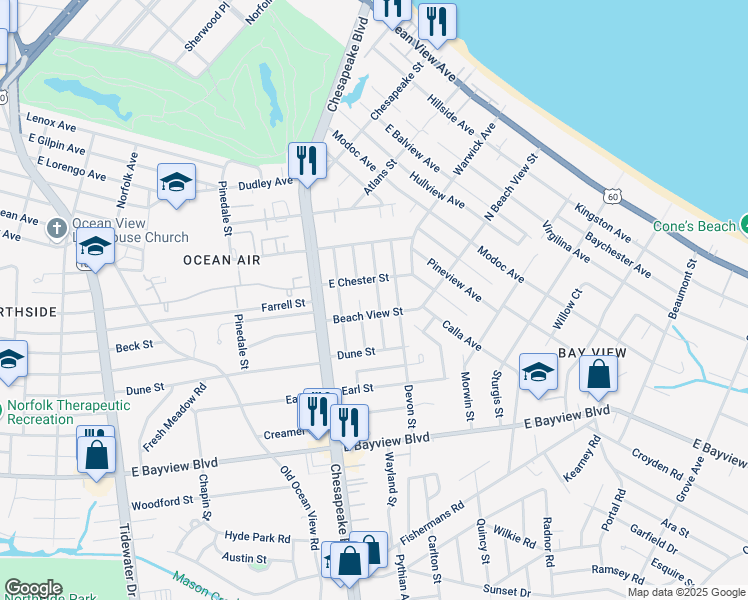map of restaurants, bars, coffee shops, grocery stores, and more near 8851 Brighton Street in Norfolk