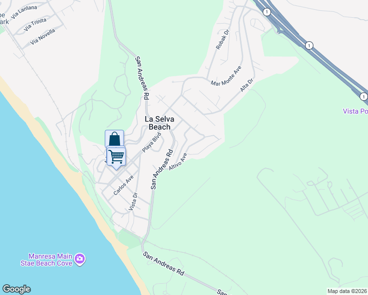 map of restaurants, bars, coffee shops, grocery stores, and more near 26 Loma Avenue in La Selva Beach