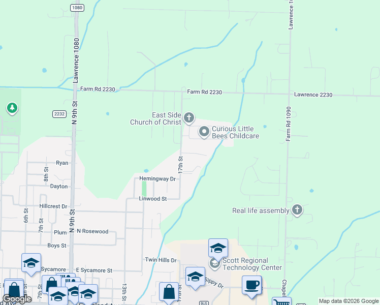 map of restaurants, bars, coffee shops, grocery stores, and more near Lawrence 1085 in Monett
