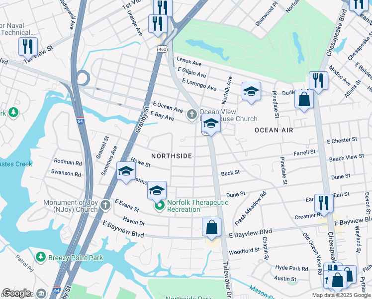 map of restaurants, bars, coffee shops, grocery stores, and more near 227 Twilley Street in Norfolk