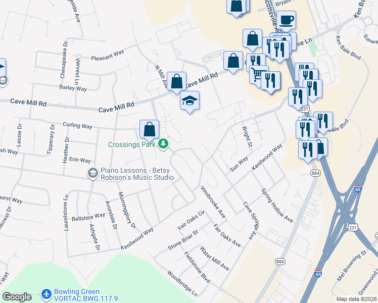 map of restaurants, bars, coffee shops, grocery stores, and more near 2607 Pointe Court in Bowling Green