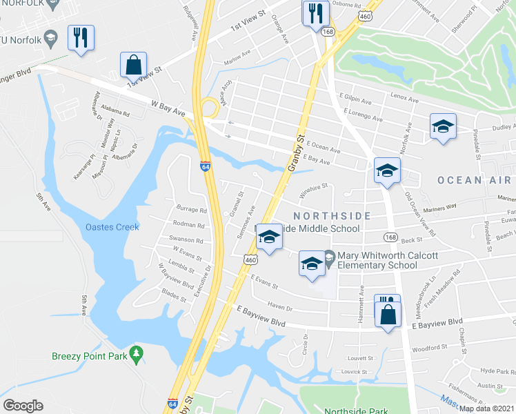 map of restaurants, bars, coffee shops, grocery stores, and more near 8812 Semmes Avenue in Norfolk