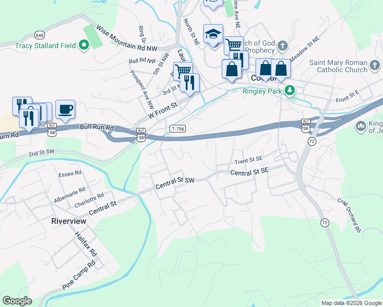 map of restaurants, bars, coffee shops, grocery stores, and more near 105 Lee Drive Southwest in Coeburn