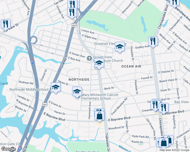 map of restaurants, bars, coffee shops, grocery stores, and more near 315 Twilley Street in Norfolk