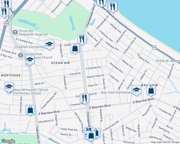 map of restaurants, bars, coffee shops, grocery stores, and more near 8851 Plymouth Street in Norfolk