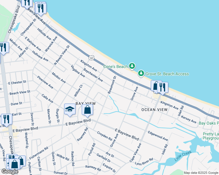 map of restaurants, bars, coffee shops, grocery stores, and more near 1541 Baychester Avenue in Norfolk