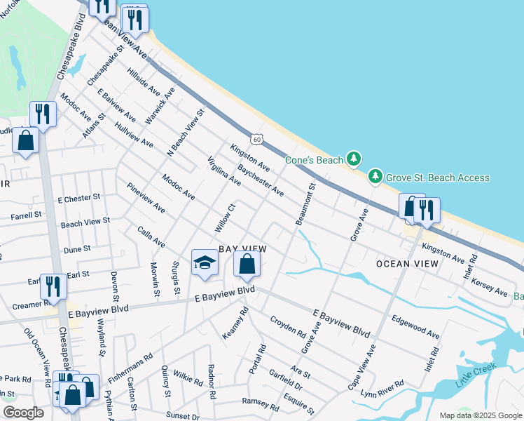 map of restaurants, bars, coffee shops, grocery stores, and more near 1513 Virgilina Avenue in Norfolk