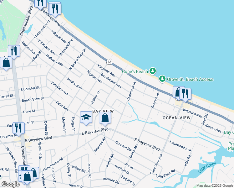 map of restaurants, bars, coffee shops, grocery stores, and more near 1513 Virgilina Avenue in Norfolk