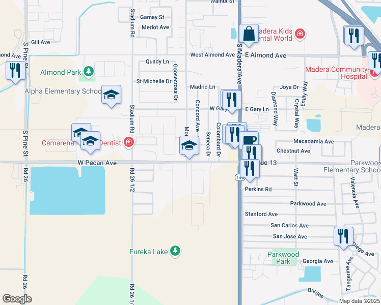 map of restaurants, bars, coffee shops, grocery stores, and more near 1438 Concord Court in Madera