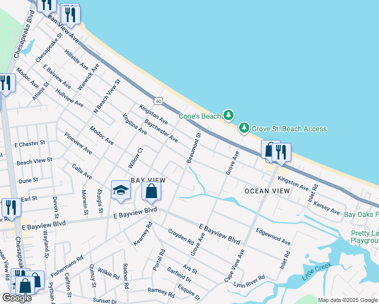 map of restaurants, bars, coffee shops, grocery stores, and more near 1541 Baychester Avenue in Norfolk