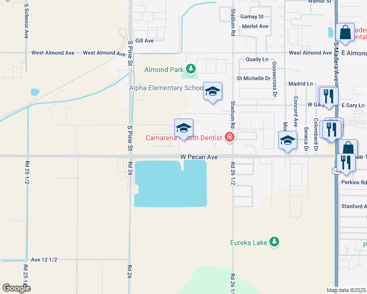 map of restaurants, bars, coffee shops, grocery stores, and more near 955 West Pecan Avenue in Madera