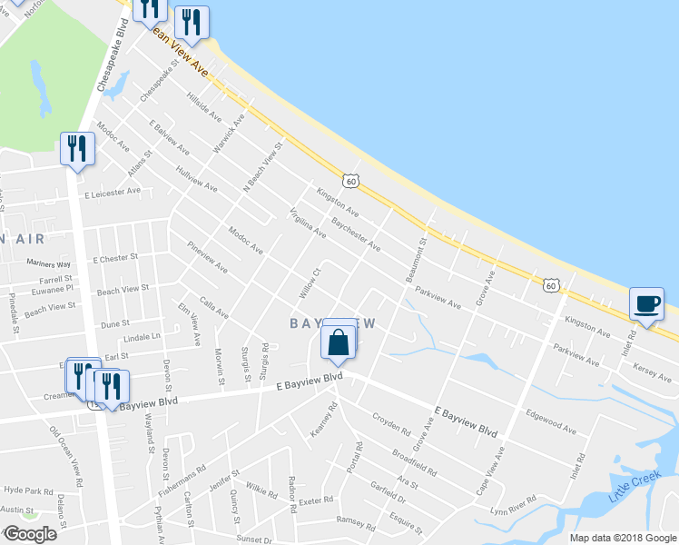 map of restaurants, bars, coffee shops, grocery stores, and more near 1443 Simpson Court in Norfolk