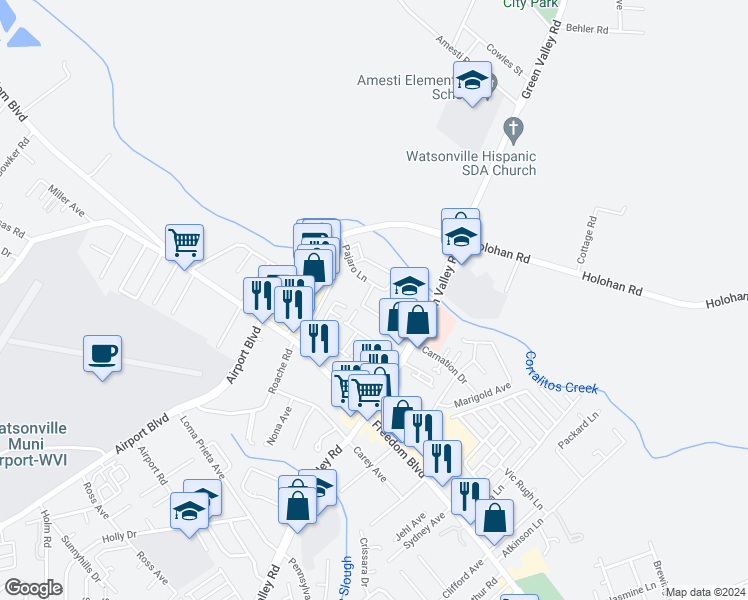 map of restaurants, bars, coffee shops, grocery stores, and more near 2030 Pajaro Lane in Freedom