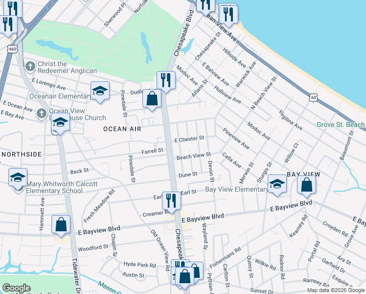map of restaurants, bars, coffee shops, grocery stores, and more near 8851 Plymouth Street in Norfolk
