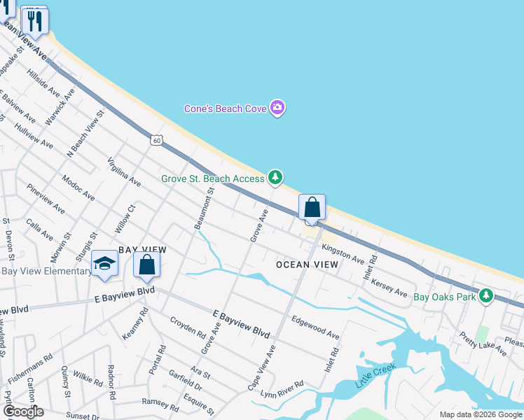 map of restaurants, bars, coffee shops, grocery stores, and more near 1805 East Ocean View Avenue in Norfolk