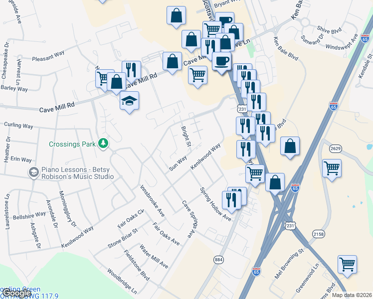map of restaurants, bars, coffee shops, grocery stores, and more near 1301 Sun Way in Bowling Green