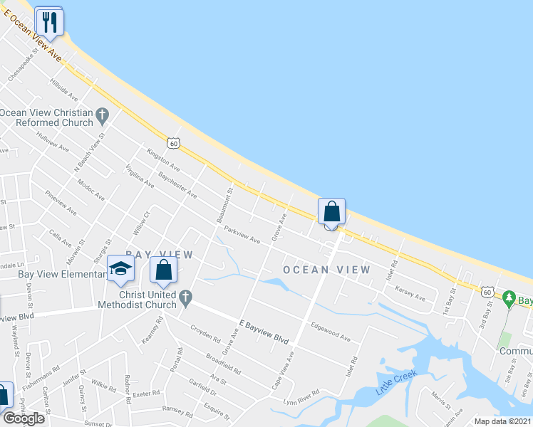 map of restaurants, bars, coffee shops, grocery stores, and more near 1714 Kingston Avenue in Norfolk