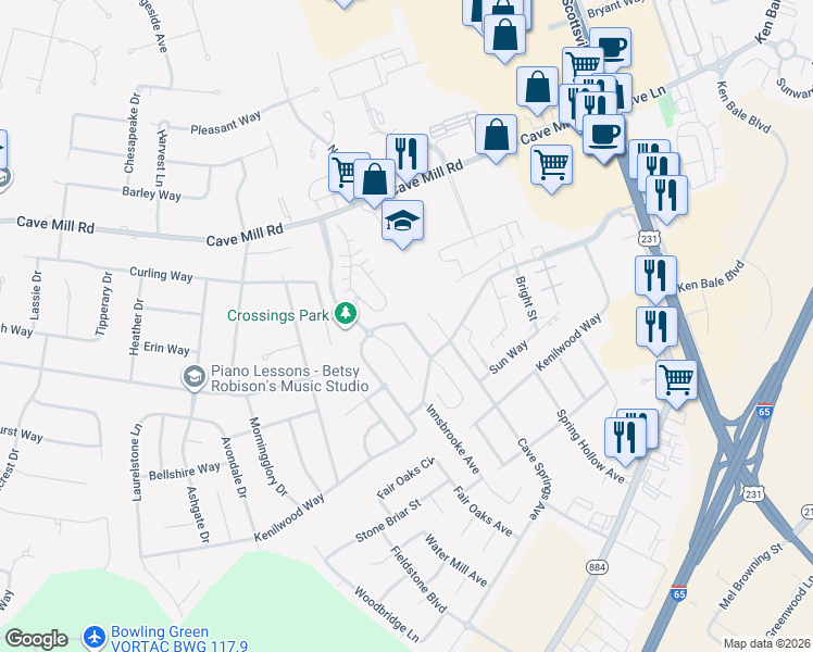 map of restaurants, bars, coffee shops, grocery stores, and more near 2607 Pointe Court in Bowling Green