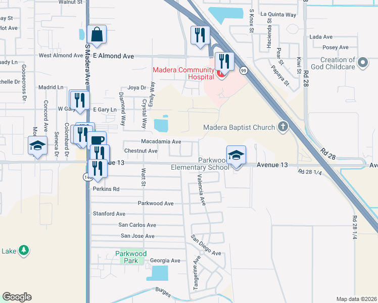 map of restaurants, bars, coffee shops, grocery stores, and more near 1405 Alexis Way in Madera