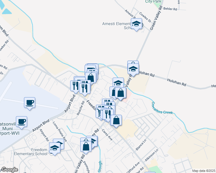 map of restaurants, bars, coffee shops, grocery stores, and more near 2030 Pajaro Lane in Freedom