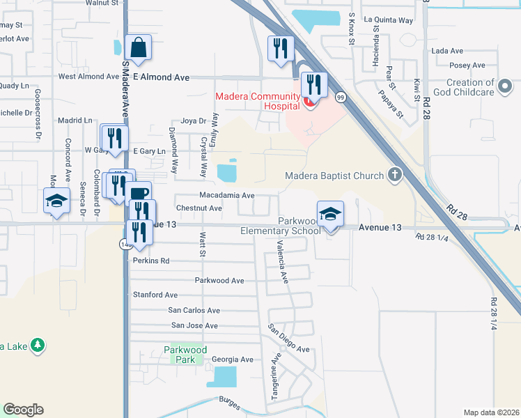 map of restaurants, bars, coffee shops, grocery stores, and more near 1405 Alexis Way in Madera