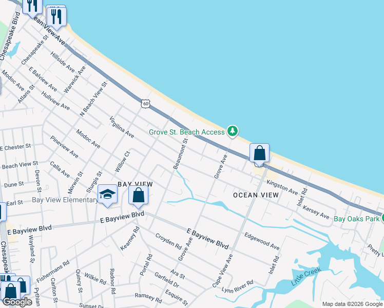map of restaurants, bars, coffee shops, grocery stores, and more near 1627 Kingston Avenue in Norfolk