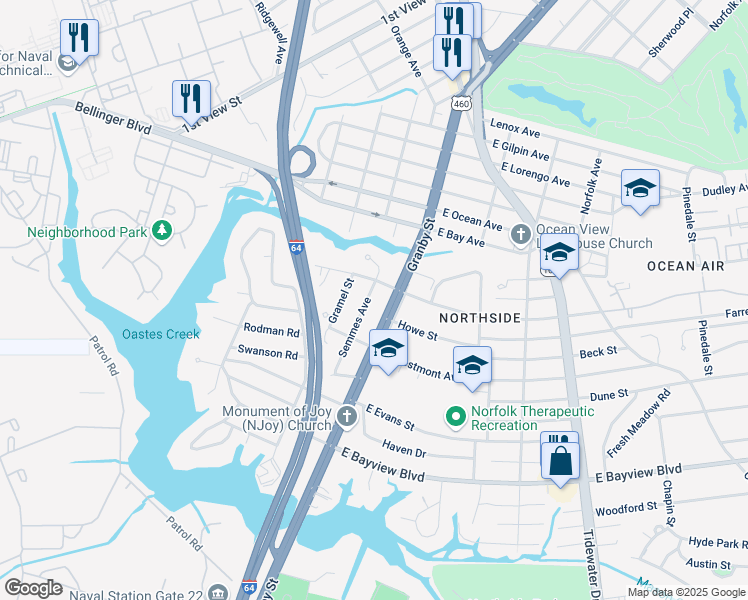 map of restaurants, bars, coffee shops, grocery stores, and more near 8812 Semmes Avenue in Norfolk