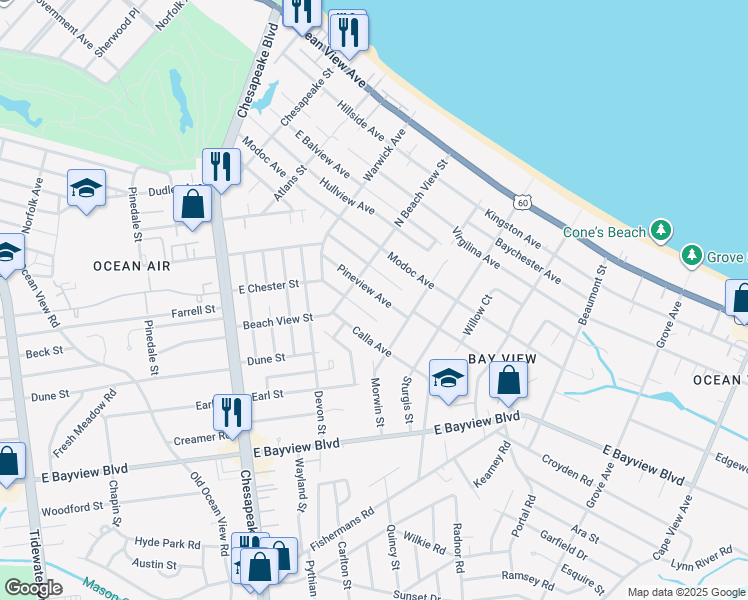 map of restaurants, bars, coffee shops, grocery stores, and more near 1317 Pineview Avenue in Norfolk