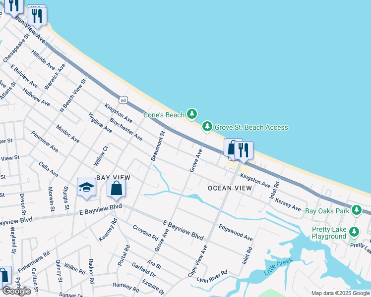 map of restaurants, bars, coffee shops, grocery stores, and more near 1714 Kingston Avenue in Norfolk