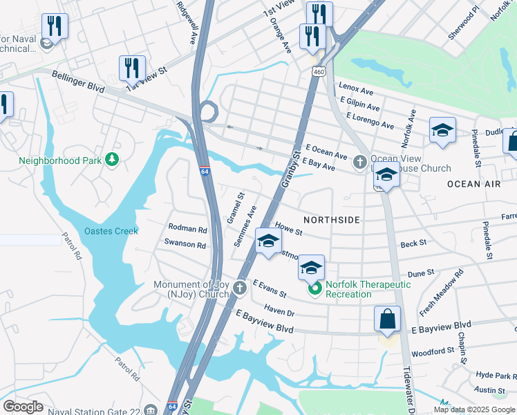 map of restaurants, bars, coffee shops, grocery stores, and more near 8812 Semmes Avenue in Norfolk