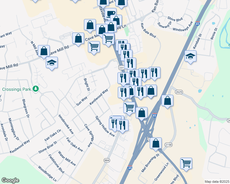 map of restaurants, bars, coffee shops, grocery stores, and more near 165 Three Springs Road in Bowling Green