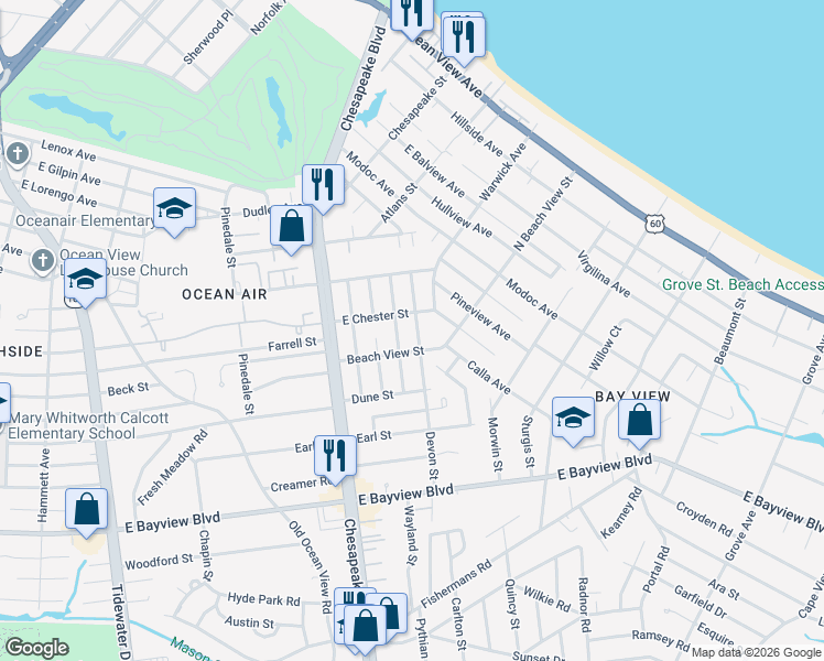 map of restaurants, bars, coffee shops, grocery stores, and more near 8857 Devon Street in Norfolk