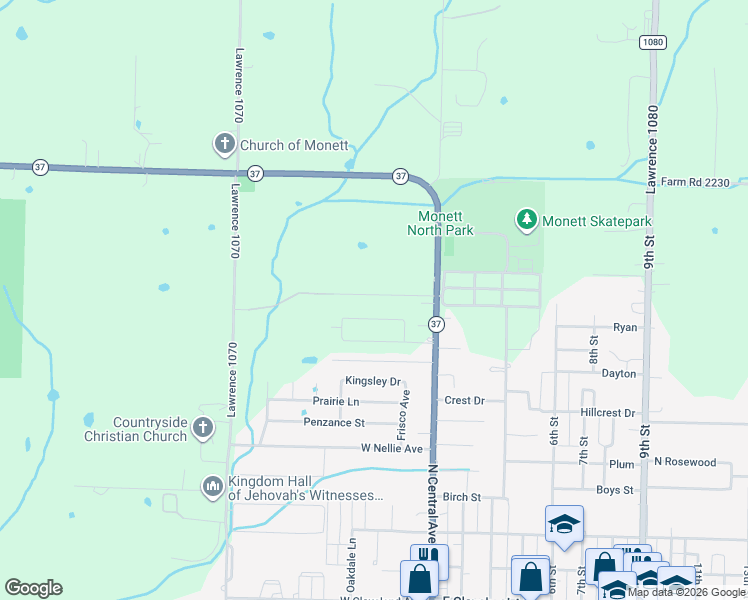 map of restaurants, bars, coffee shops, grocery stores, and more near 121 Melody Lane in Monett