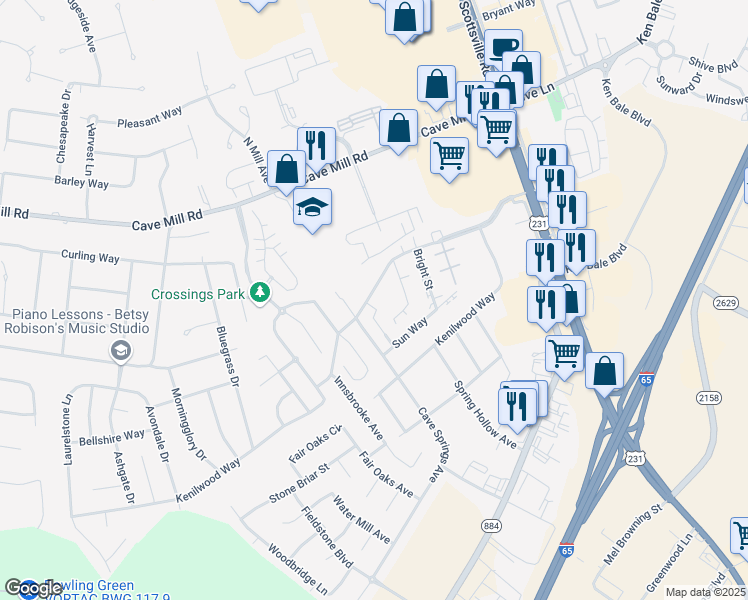 map of restaurants, bars, coffee shops, grocery stores, and more near 380 Pascoe Boulevard in Bowling Green