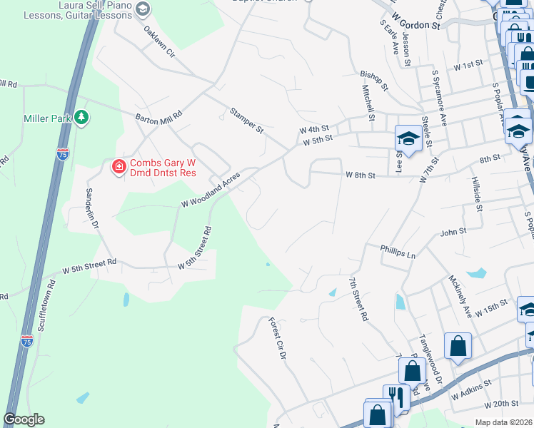 map of restaurants, bars, coffee shops, grocery stores, and more near 301 Valley View Drive in Corbin