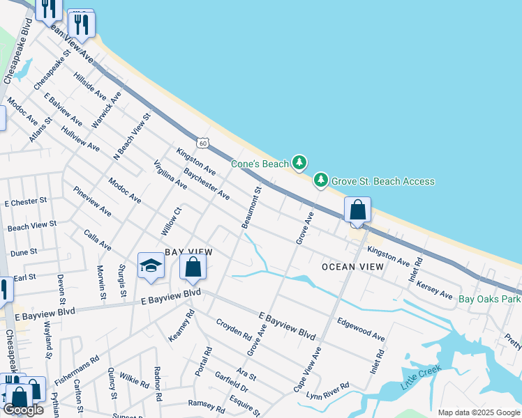 map of restaurants, bars, coffee shops, grocery stores, and more near 1627 Kingston Avenue in Norfolk