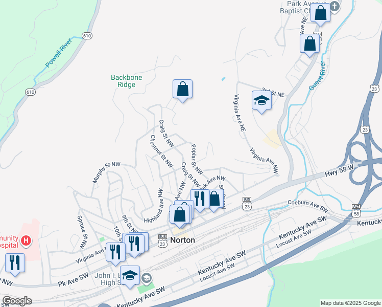 map of restaurants, bars, coffee shops, grocery stores, and more near 340-398 Craig Street Northwest in Norton