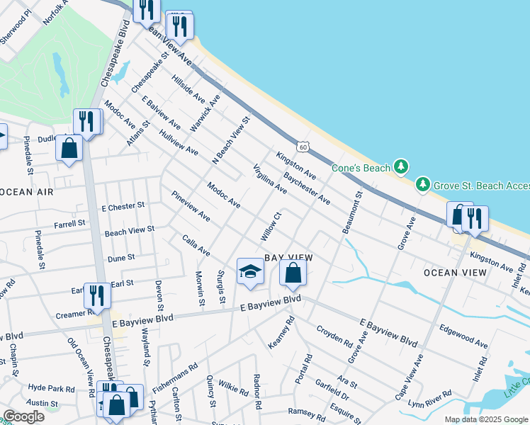 map of restaurants, bars, coffee shops, grocery stores, and more near 9444 Sturgis Street in Norfolk