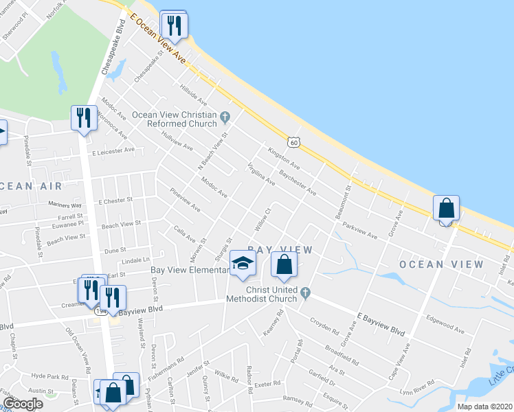map of restaurants, bars, coffee shops, grocery stores, and more near 9444 Sturgis Street in Norfolk