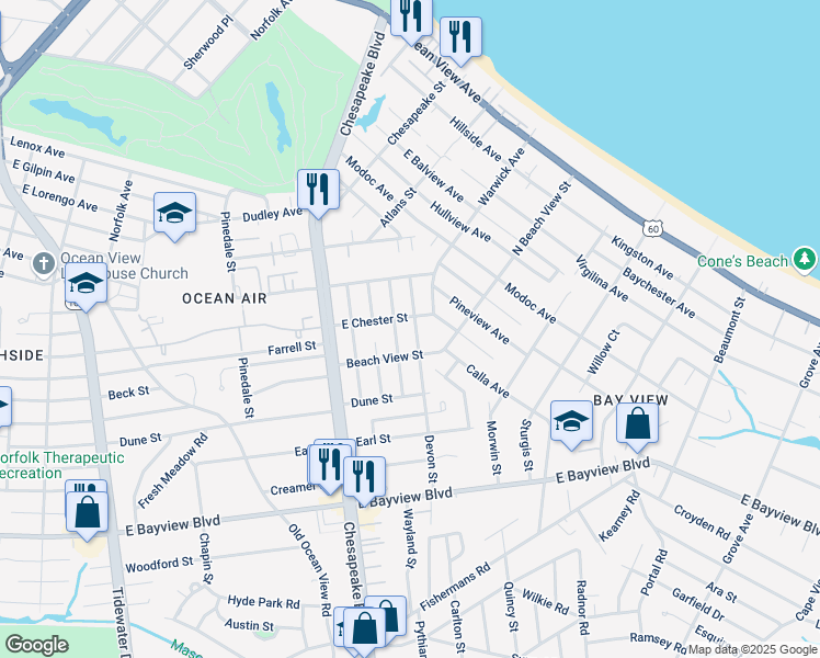 map of restaurants, bars, coffee shops, grocery stores, and more near 8861 Devon Street in Norfolk