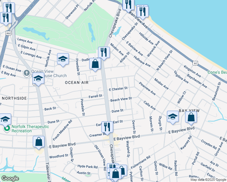 map of restaurants, bars, coffee shops, grocery stores, and more near 1017 East Chester Street in Norfolk